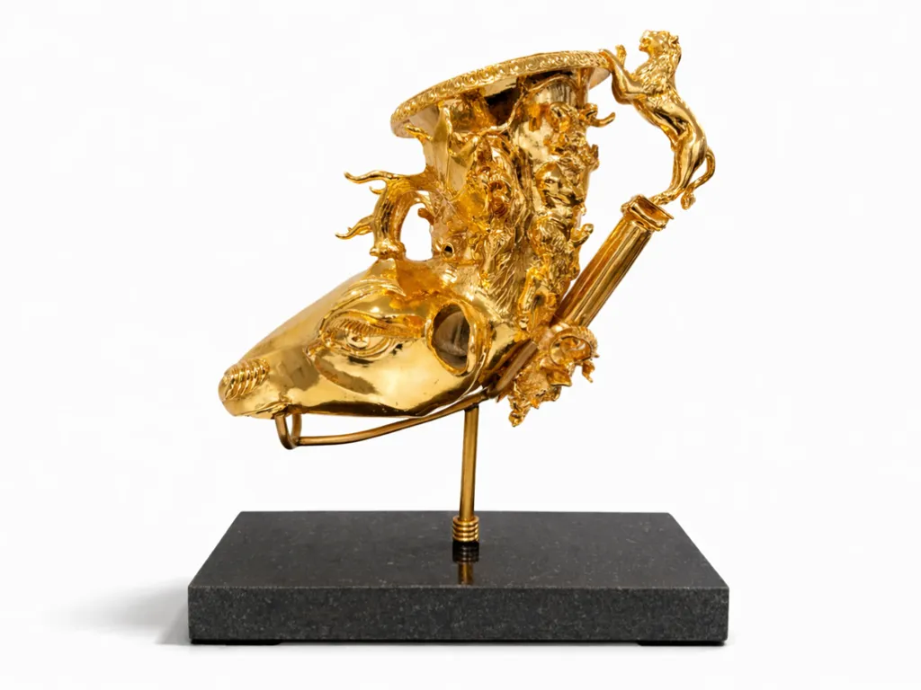 Greek Gold-Plated Silver Rhyton with Stag Head
