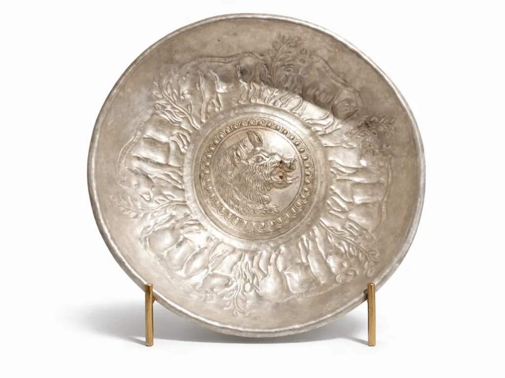 Greek Silver Libation Bowl Phiale with Boar Head