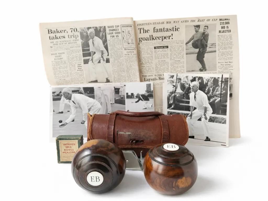 Percy Baker's 1950 Pair of English EJ Riley Lignum Vitae Lawn Bowls And Personal Collection