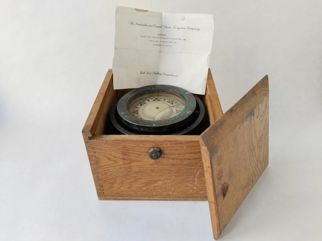 Solid Brass Navy Ship Compass Pendant Fluid In Wooden Box 1