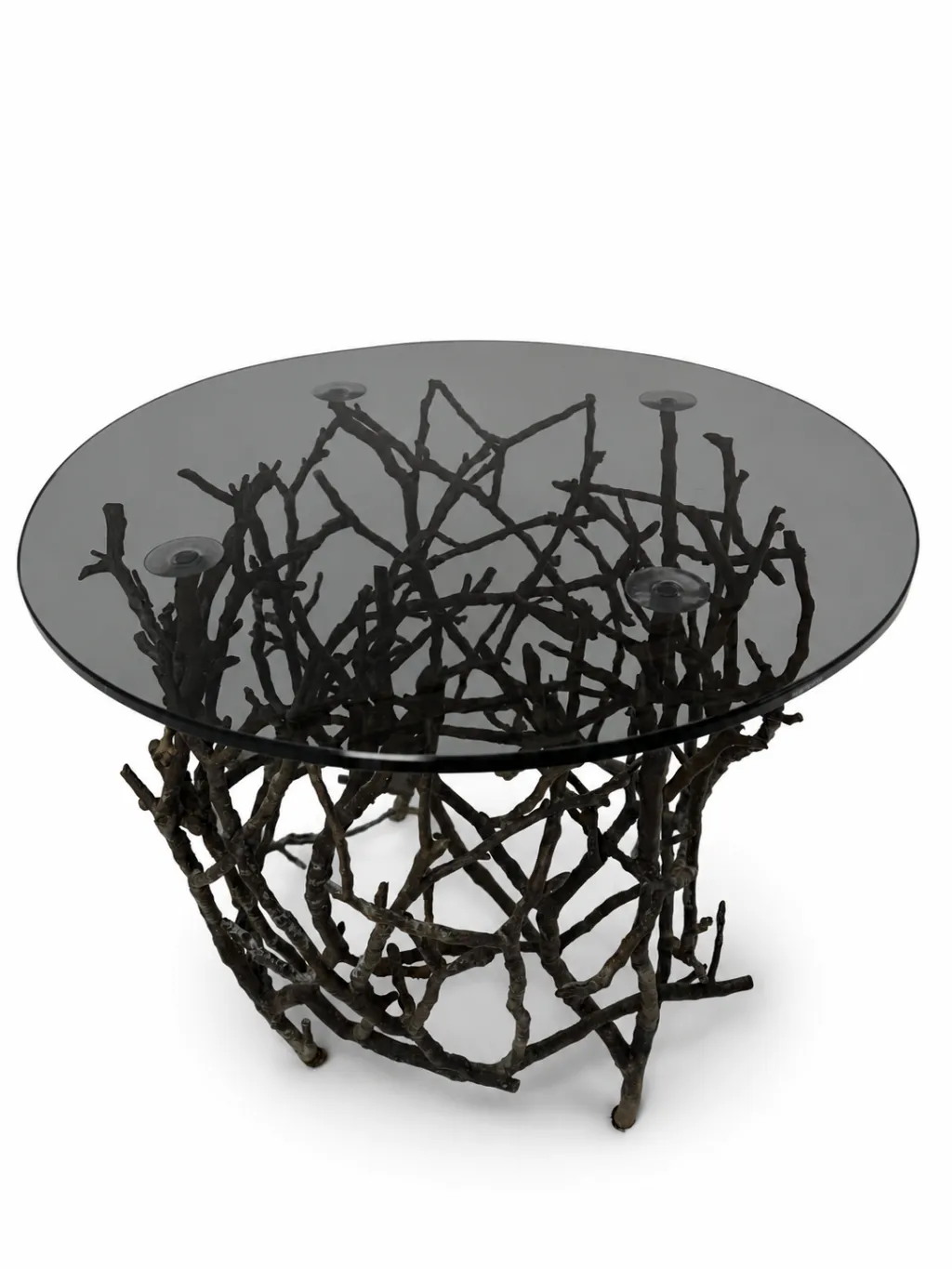 Wetterfester Outdoor Beistelltisch mit Bronze-Zweigdesign und Rauchglas