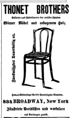 Schwarz-weiß-Zeitungsanzeige der Thonet Brothers aus den 1890er-Jahren, mit Darstellung eines Bugholzstuhls und der Adresse 834 Broadway, New York.