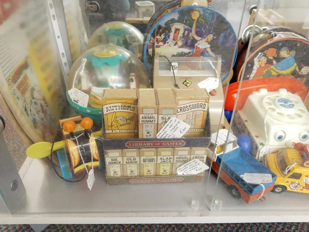 Vintage 1920s American card games in a display of classic toys.