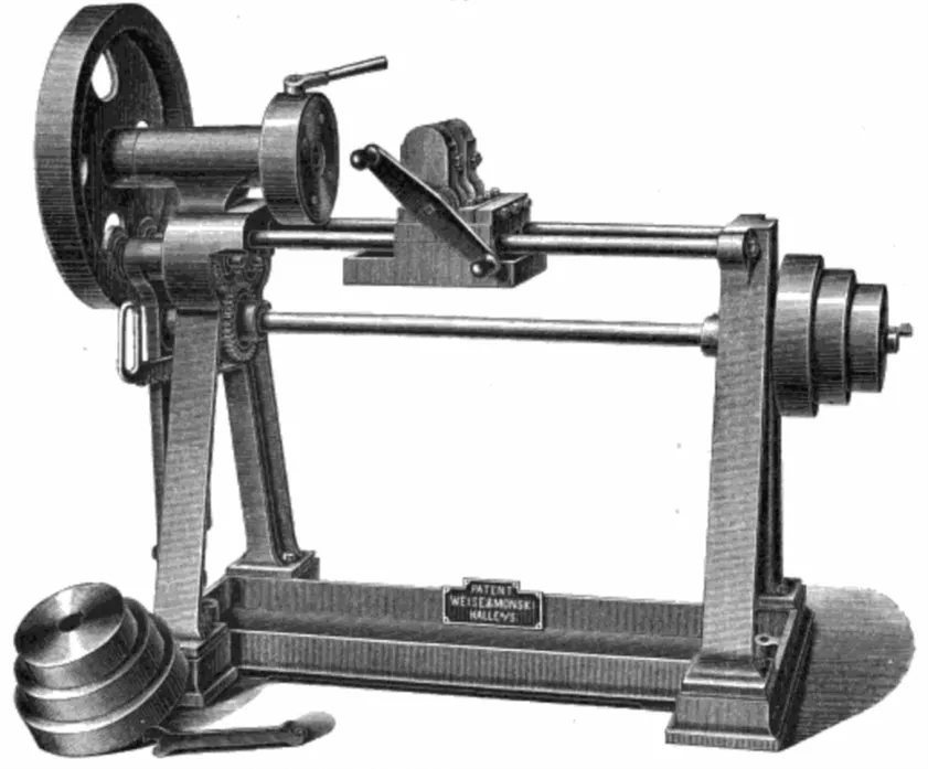 Stich einer Holzbiegemaschine des 19. Jahrhunderts mit Schwungrad, Presse und Gestell, patentiert von Weiszeamonski in Halle, eingesetzt zur Formung gebogener Bugholzteile.