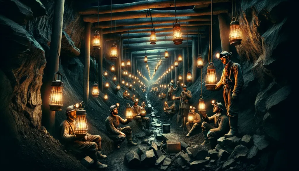 A coal mine in the 1850s with miners using safety lamps. The scene is underground with dark, narrow tunnels supported by wooden beams. The miners, dressed in 19th-century mining attire with helmets, are holding safety lamps with protective metal gauzes. The lamps emit a soft, safe glow, contrasting with the surrounding darkness. The environment shows coal seams and tools used for mining. There is a sense of caution and focus among the miners, highlighting the critical role of safety lamps in preventing explosions caused by flammable gases like methane.