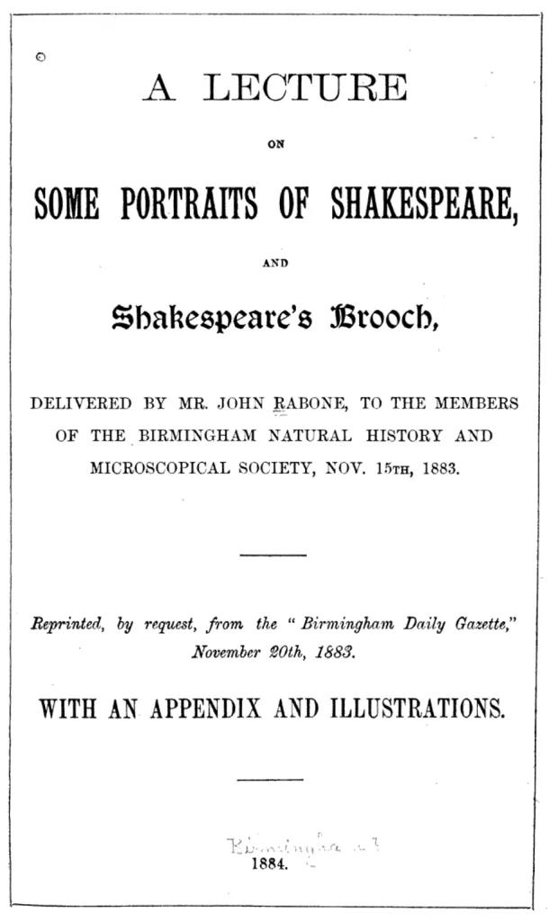 Titelblatt des Vortrags von John Rabone aus dem Jahr 1883 über Shakespeares Brosche und Porträts.