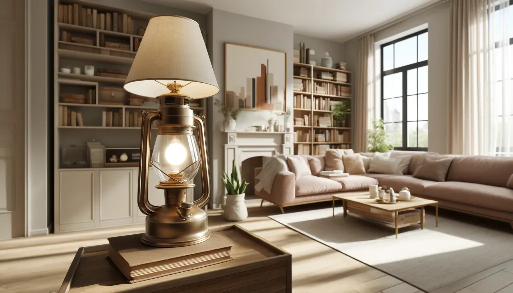 Ein heller und luftiger Wohnraum mit einer vintage Bergmannslampe, die auf einem Bücherregal oder einem Kaminsims ausgestellt ist und ein interessantes Stillleben schafft. Das Interieur ist modern und frisch gestaltet. Der Raum ist mit Sonnenlicht erfüllt und schafft eine fröhliche und einladende Atmosphäre. An den Wänden hängen zeitgenössische Kunstwerke und minimalistische Dekorationselemente.