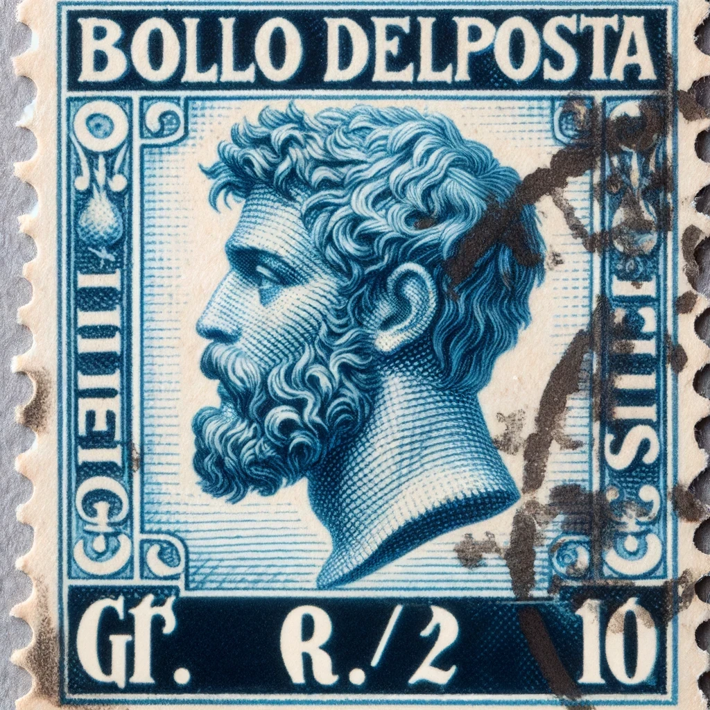 Ein Reproduktionsbild der Briefmarke The Sicilian Error of Color. Die Briefmarke ist blau und zeigt ein Profilporträt eines bärtigen Mannes in der Mitte. Die Briefmarke hat ein abgenutztes, gealtertes Aussehen mit einem schwarzen Poststempel, der das Design teilweise bedeckt.