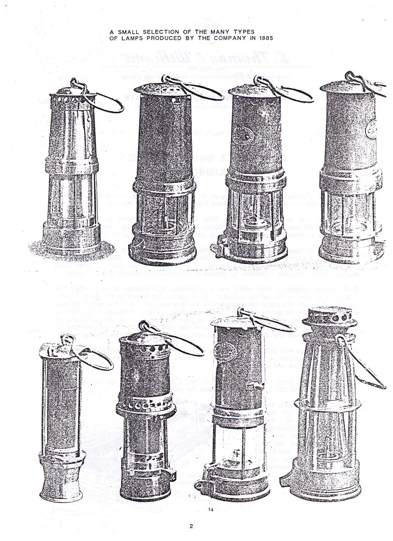 A black-and-white image showing eight different types of miners’ safety lamps produced by E. Thomas & Williams Ltd. in 1885, displayed in two rows with various shapes, sizes, and design features.