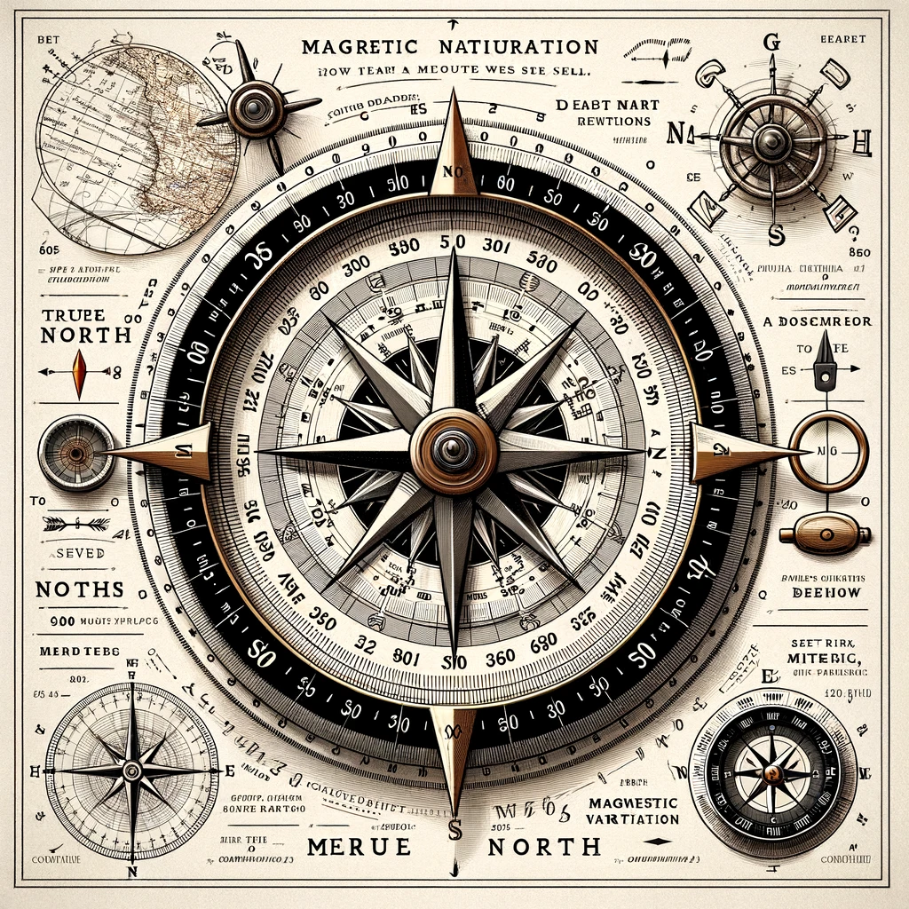A technical diagram illustrating how to use a nautical compass. The image includes a detailed compass rose with labeled cardinal and intercardinal directions, degree markings from 0 to 360, and arrows indicating true north and magnetic north. Additional elements include a ship's helm and a map overlay showing a plotted course. Labels and annotations explain key points such as adjusting for magnetic variation, setting a bearing, and interpreting the compass rose. The overall design is clear, precise, and devoid of decorative elements.