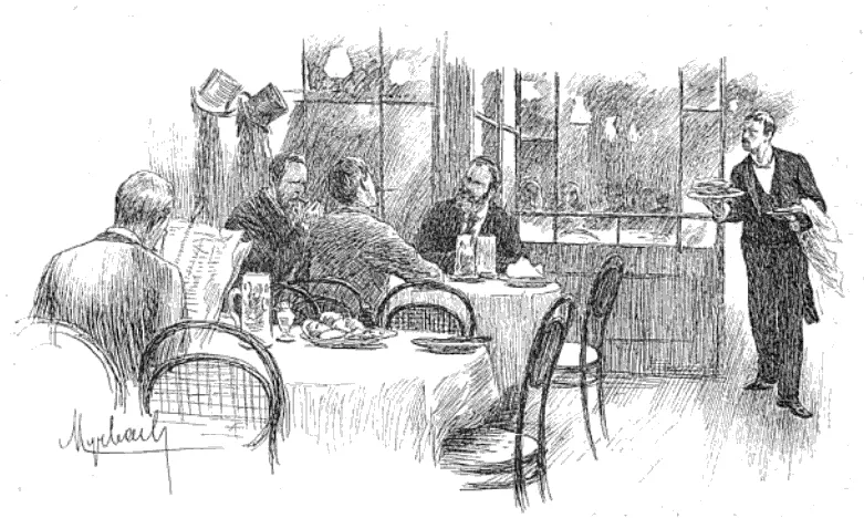 Schwarz-weiß Zeichnung eines Wiener Restaurants mit mehreren Männern an gedeckten Tischen und einem Kellner, möbliert mit Thonet-Bugholzstühlen Nr. 15.