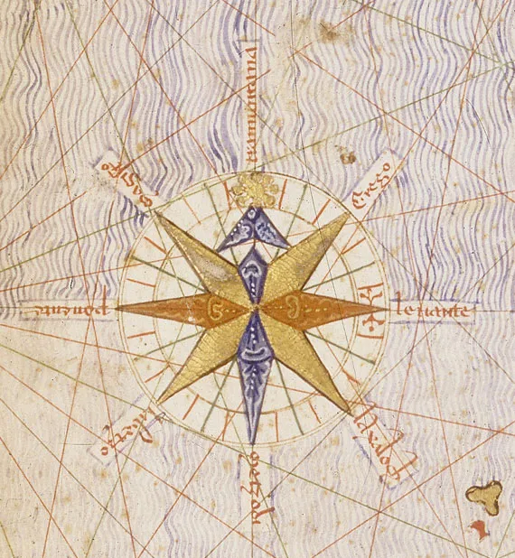A vintage nautical compass rose with a golden star and blue points, set against a background of wavy blue lines, labeled with cardinal directions in medieval script.