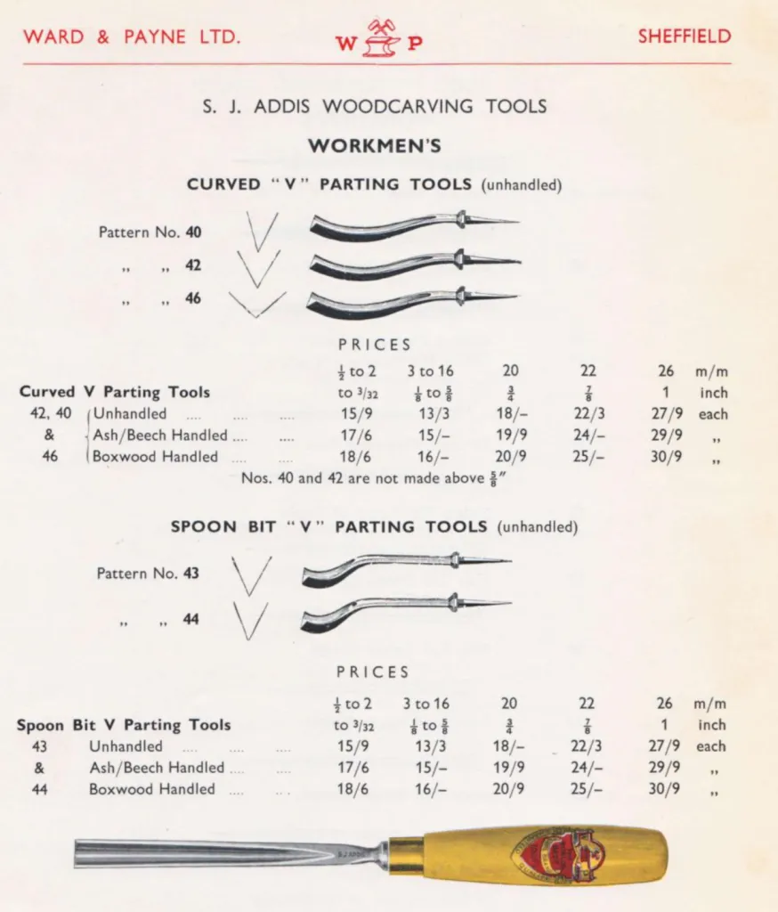 A 1961 catalogue page from Ward and Payne Ltd showing technical drawings and price tables for S. J. Addis curved and spoon bit V parting tools.