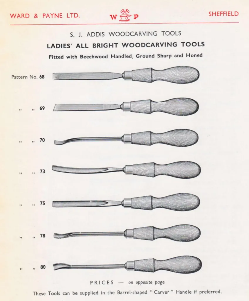 Eine Katalogseite von 1961 der Firma Ward and Payne Ltd, die S. J. Addis Ladies' All Bright Holzbildhauerwerkzeuge zeigt, mit sieben verschiedenen Mustern und Buchenholzheften.