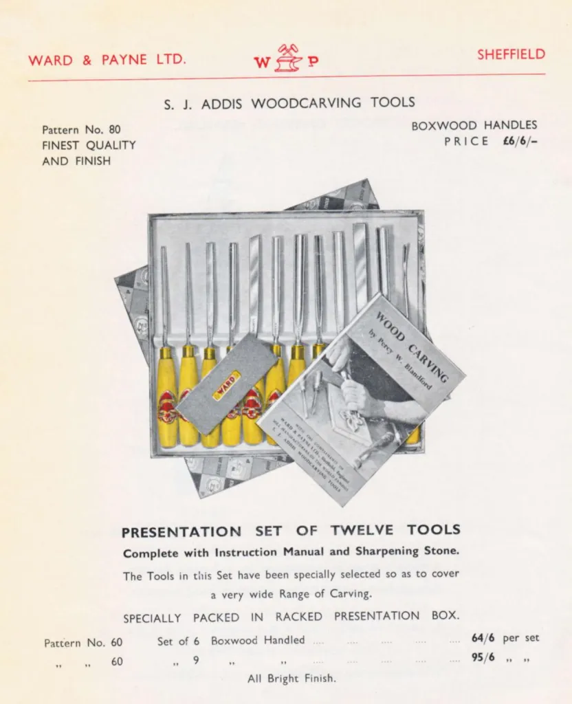 A 1961 catalogue page from Ward and Payne Ltd featuring a presentation set of twelve S. J. Addis woodcarving tools with boxwood handles and a sharpening stone.