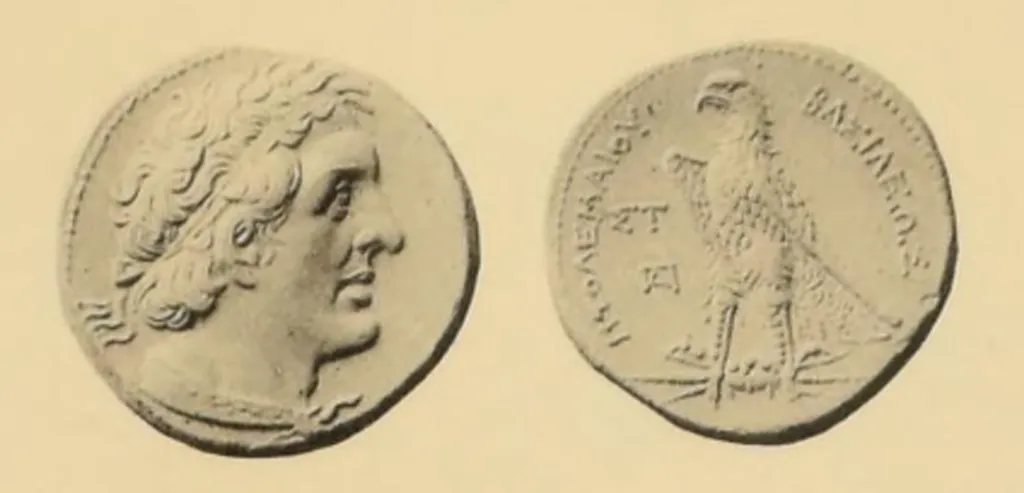 Gold pentadrachm coin of Ptolemy I Soter from Alexandria, Egypt, showing the diademed head of Ptolemy and an eagle standing on a thunderbolt.