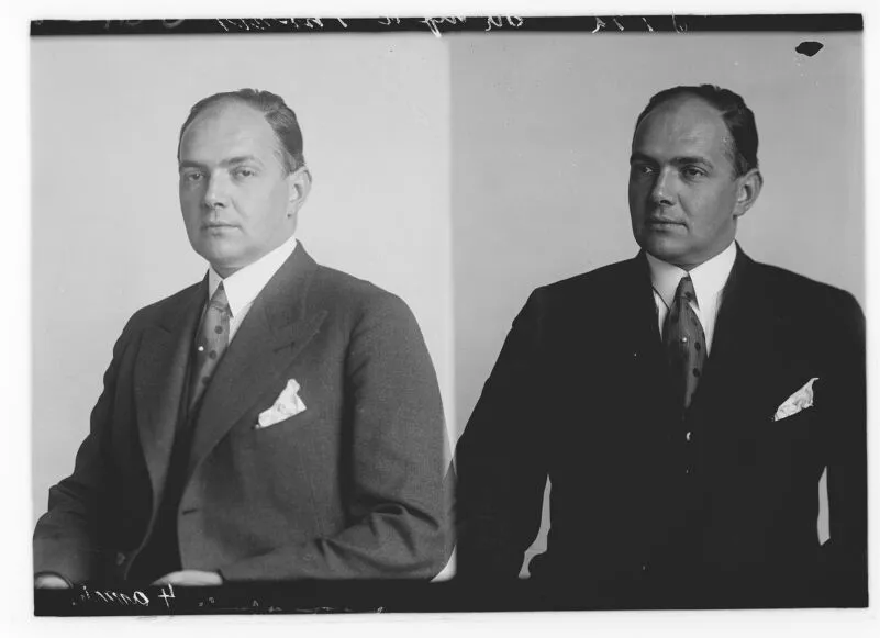 Zwei formelle Schwarz-Weiß-Porträts von Alfred Thonet im Anzug und mit Krawatte, um 1940 aufgenommen, Vertreter der dritten Thonet-Generation in der Unternehmensführung.