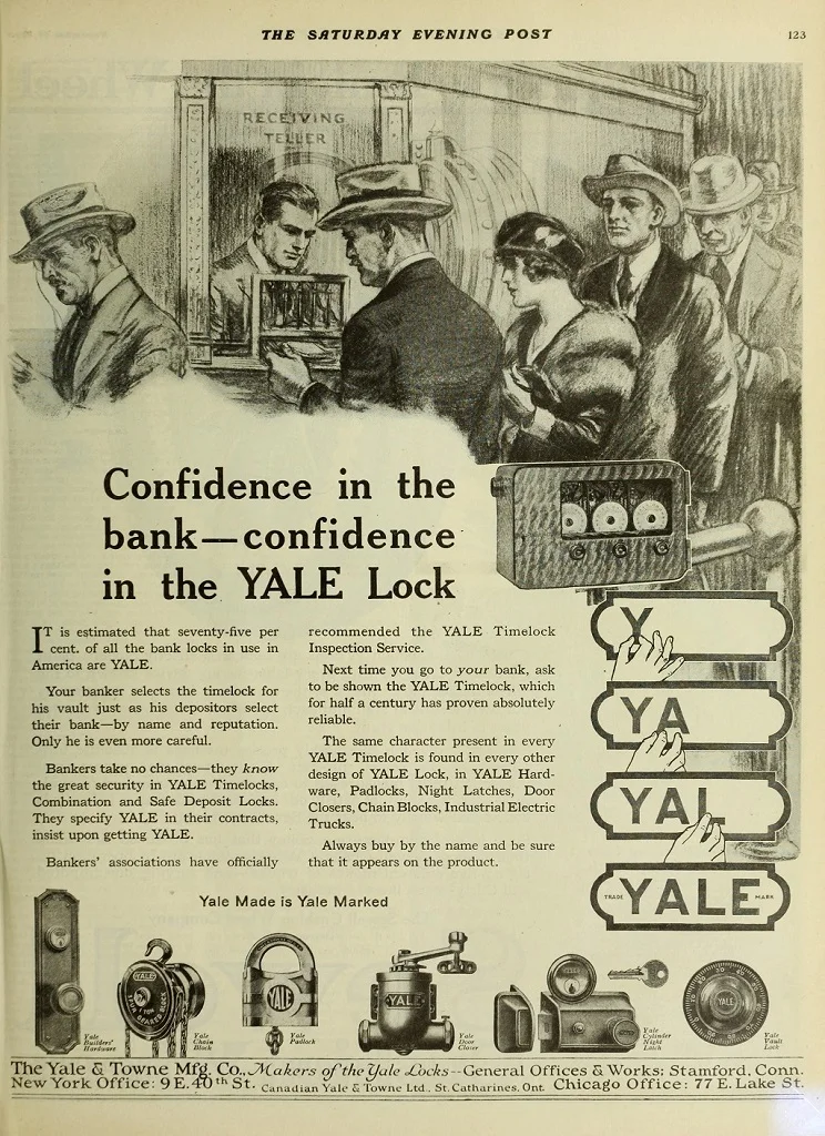 Antique Yale Bank Lock ad highlighting its dominance: Guarding about 3/4 of America's banks with trusted security since its inception.