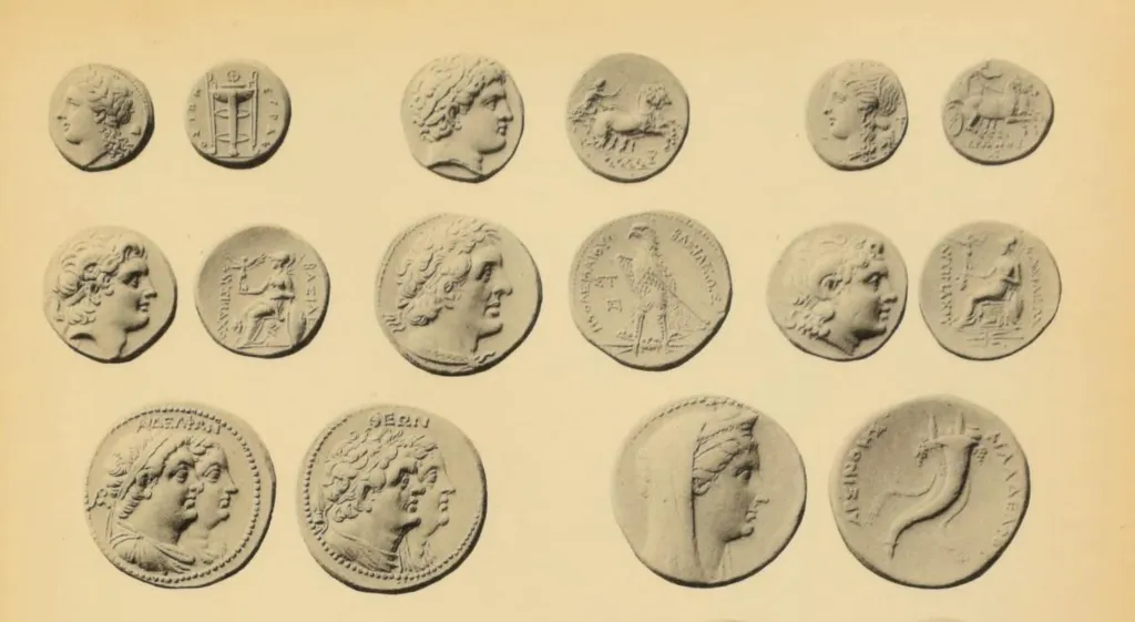 Antike griechische Münzen von Ptolemy I, Philip II, Hiero II und Alexander dem Großen mit Vorder- und Rückseiten.