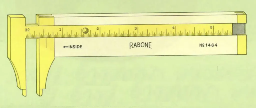 Abbildung des Rabone-Messschiebers Nr. 1464 aus Messing und Buchsbaumholz mit Messing-Schieber, Skala in 1/32 Zoll und zusätzlichen Zollmarkierungen, geeignet für Innen- und Außenmessungen.