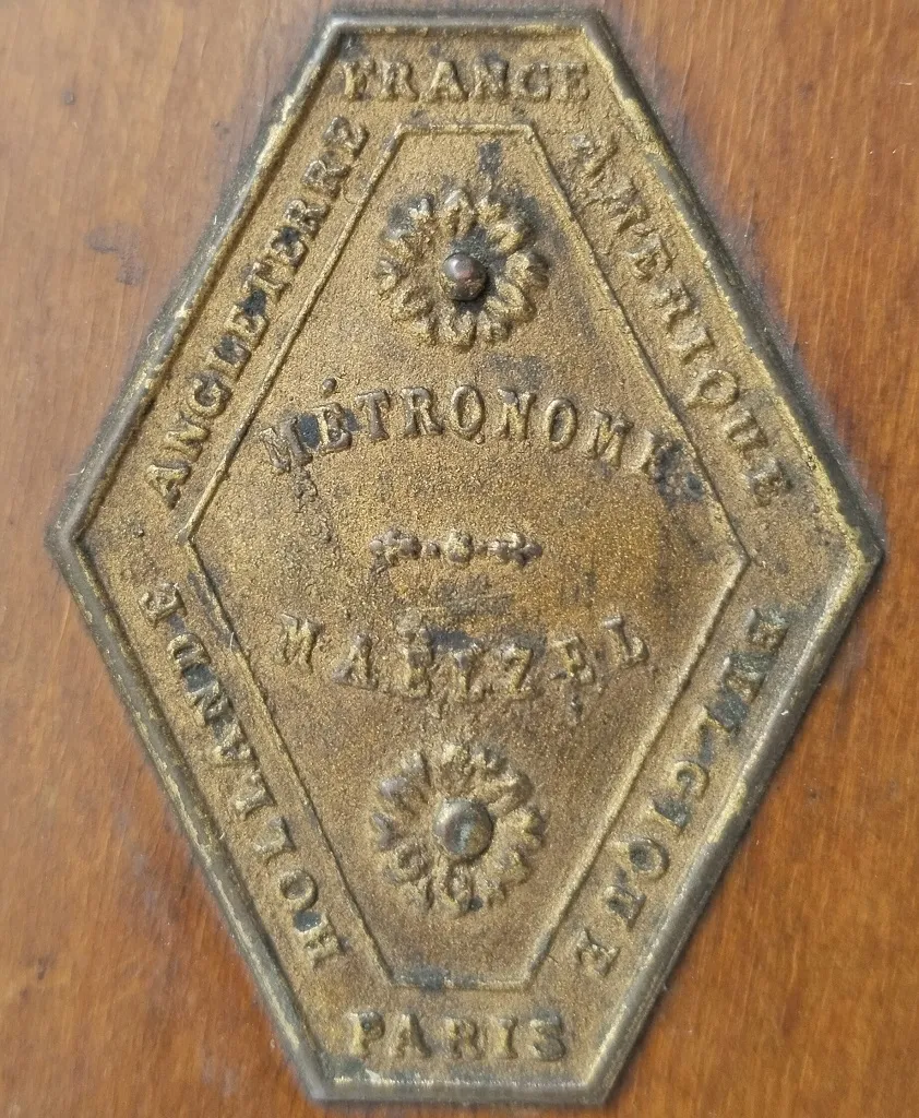 Brass maker's plaque Metronome Maelzel Paris, France, 1923