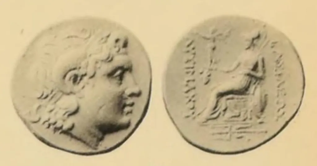 Gold stater coin in the name of Lysimachus from Byzantion, Thrace, showing the deified head of Alexander the Great and Athena Nikephoros seated with Nike, shield, spear, BY mint mark, and trident.