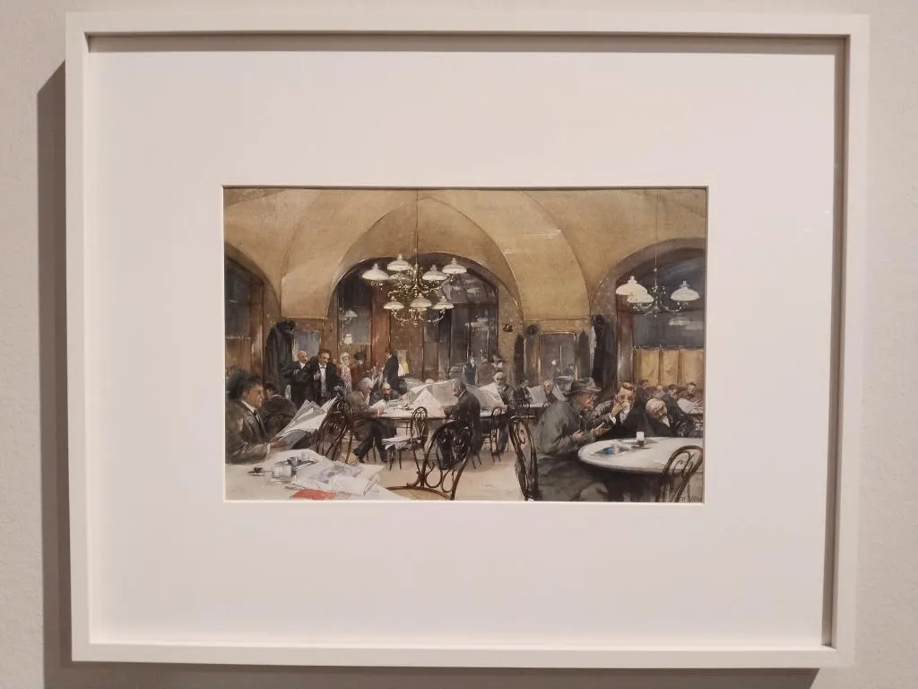 Gemälde des Wiener Café Griensteidl von Reinhold Richard d. J. Völkel, mit Gästen beim Zeitunglesen und Kaffeetrinken unter Gewölbedecken, eingerichtet mit Thonet-Bugholzstühlen Modell Nr. 4.