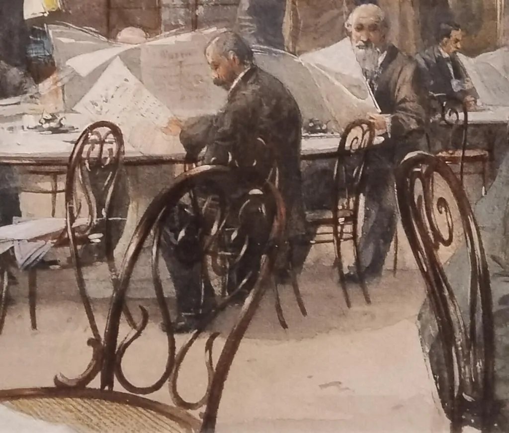 Vergrößertes Detail aus Reinhold Richard d. J. Völkels Gemälde des Café Griensteidl, mit Fokus auf den Bugholzstuhl Thonet Nr. 4 an Caféhaustischen mit Zeitung lesenden Männern.