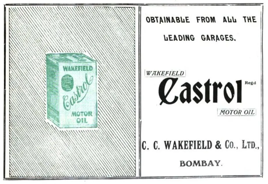 Castrol-Werbung, Indien, 1920. Eine historische Anzeige aus Indian Industries and Power, die Wakefield Castrol Motor Oil in Bombay bewirbt.