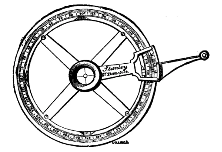 Kreisförmiger Winkelmesser mit Nonius und Arm von Stanley London – ein hochpräzises Messinstrument für Ingenieure und Vermessungstechniker.