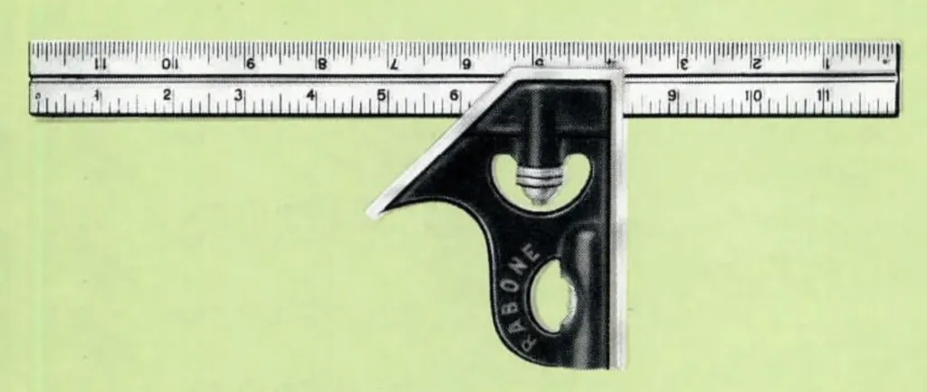 Abbildung des John Rabone & Sons Kombinationswinkels Nr. 1902, mit gusseisernem Kopf und Stahlmaßstab, in 1/8- und 1/16-Zoll-Einteilungen. Erhältlich in den Größen 6, 9 und 12 Zoll, mit eingebauter Wasserwaage.