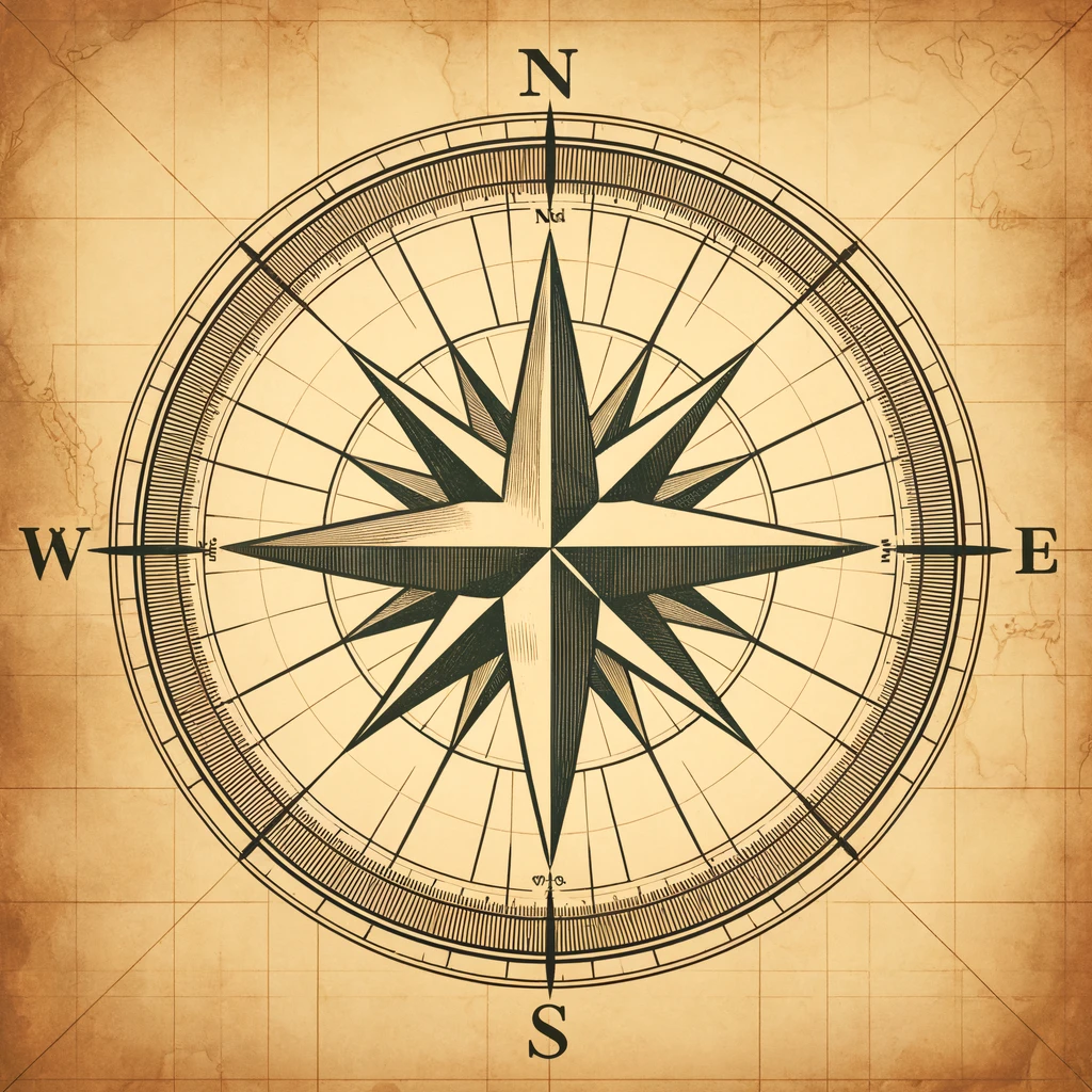 A flat compass rose depicted on an old faded map, with the Pole Star marking the north. The compass rose is simple and set against a vintage map background with aged paper texture. The map has faded colors and worn edges, giving it an antique look. Each cardinal direction is labeled in a plain medieval script.