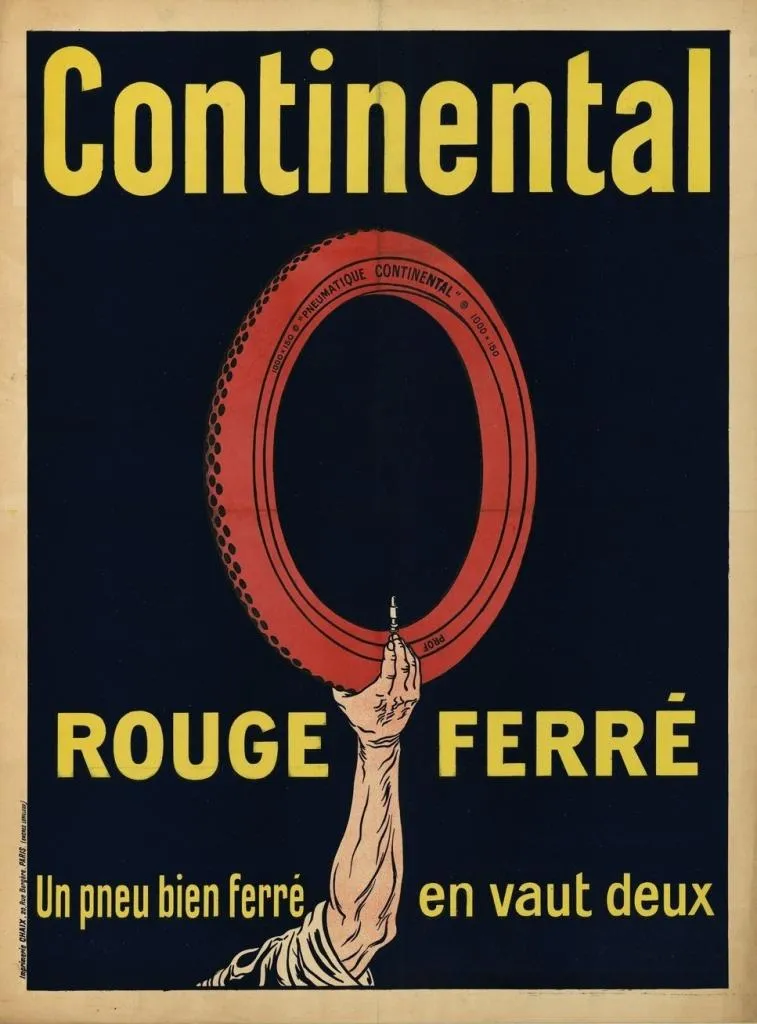This striking Art Deco-style poster promotes the Continental Rouge Ferré car tire, known for its reinforced structure and durability.