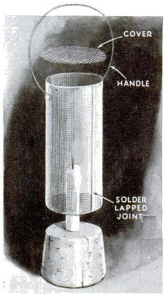 Explosionszeichnung einer Davy-Sicherheitslampe mit beschrifteten Teilen: Griff, Abdeckung, Drahtgeflechtzylinder und verlötete Verbindung an der Basis.