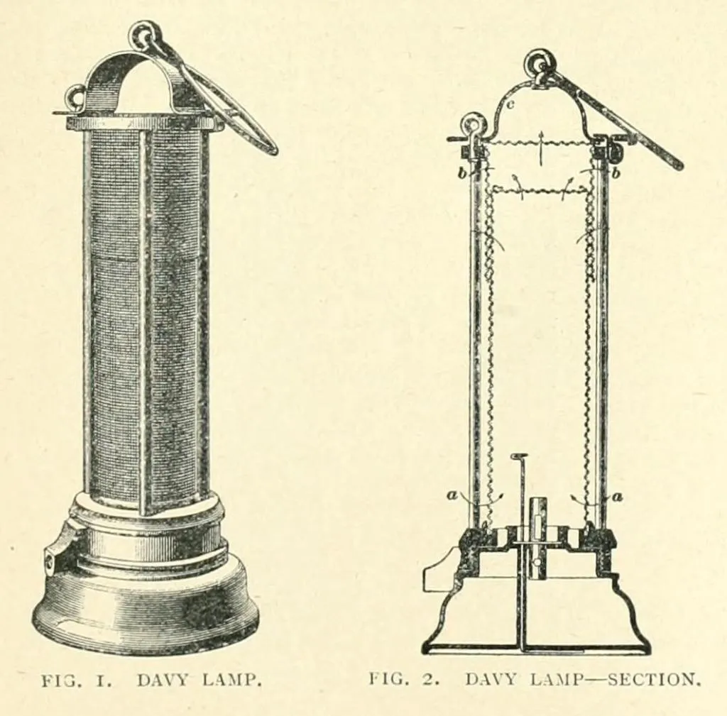 Detaillierte historische Zeichnung, die sowohl das äußere Erscheinungsbild als auch den inneren Aufbau der Davy-Sicherheitslampe zeigt.
