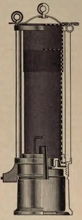 Technische Zeichnung einer Davy-Sicherheitslampe im Querschnitt, die Innenbauteile wie den Drahtgewebezylinder und den Ölvorratsbehälter zeigt.