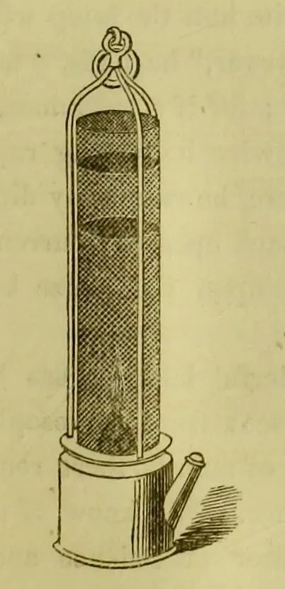 Illustration der vollendeten Davy-Sicherheitslampe mit Drahtgeflechtgehäuse und Brennkammer.