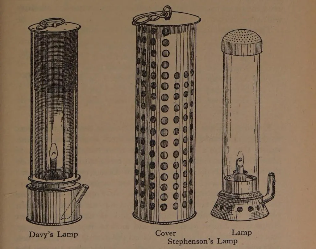 Nebeneinanderstellung der Davy-Sicherheitslampe und von Stephensons Geordie Sicherheitslampe, mit Hervorhebung der strukturellen und sicherheitstechnischen Unterschiede.