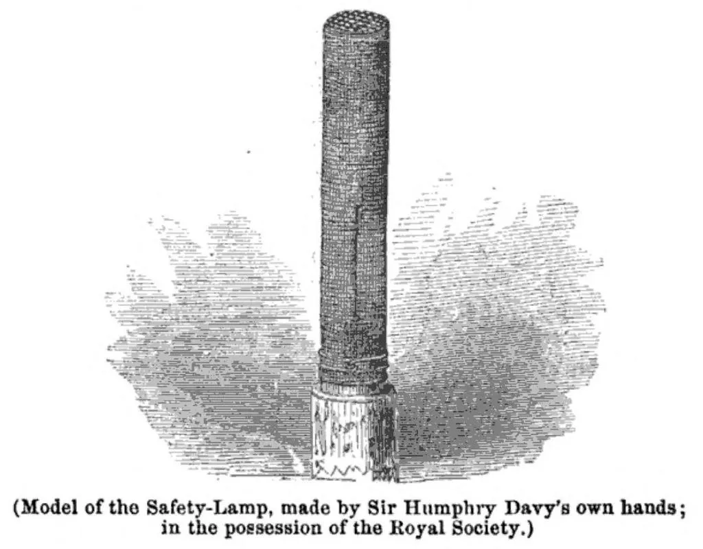 Gravur eines Modells der Davy-Sicherheitslampe mit Drahtgeflecht, persönlich von Sir Humphry Davy gefertigt und von der Royal Society aufbewahrt.