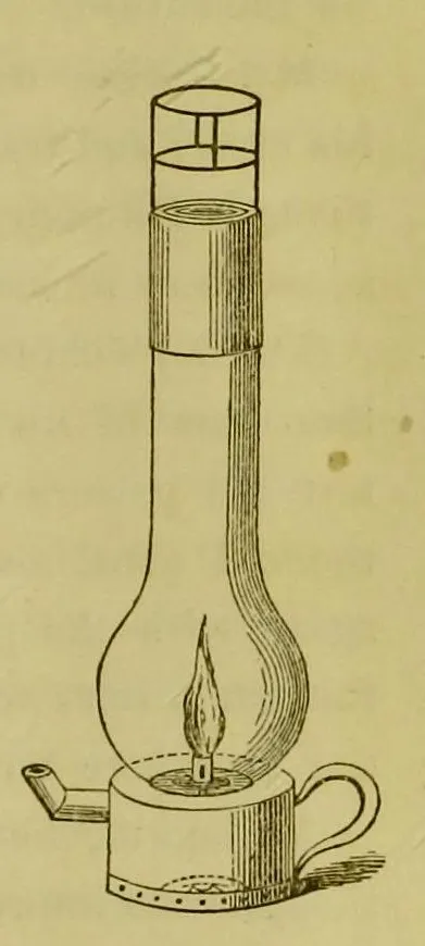 Illustration von Davys frühem Entwurf einer Flammensicherheitslampe mit hohem Schornstein und innerer Röhrenstruktur.
