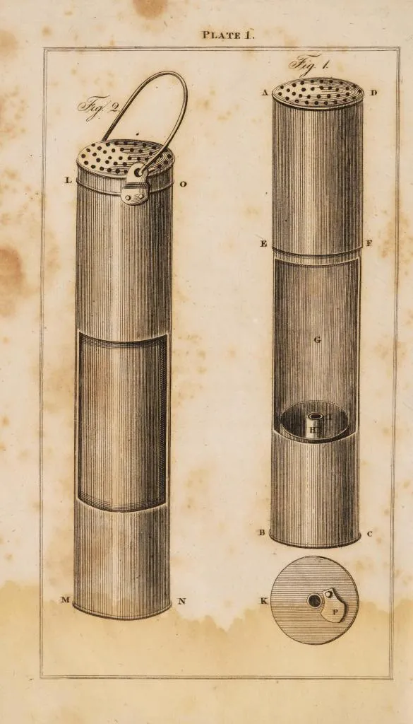 Detailliertes Diagramm aus dem 19. Jahrhundert, das den Aufbau von George Stephensons früher Geordie Sicherheitslampe zeigt, einschließlich Glaszylinder, Ölkammer, Lufteinlassröhren und Schutzgehäuse.