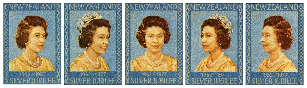The set of five stamps issued in New Zealand to commemorate the Queen's Silver Jubilee as monarch of New Zealand, featuring iconic symbols and landmarks