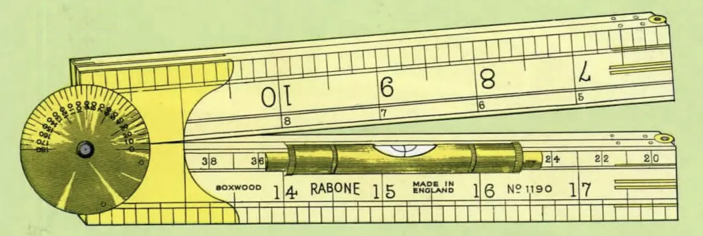 Nahaufnahme eines Vintage-Rabone-Klappmaßstabs Nr. 1190 aus Buchsbaum mit Messing-Bogengelenk, integrierter Libelle und Rundwinkelmesser, mit Zoll- und Zusatzskalen.