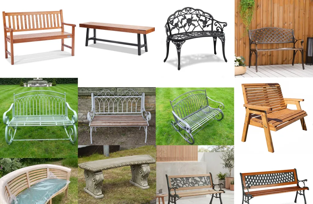 Collage mit unterschiedlichen Gartenbänken, darunter Holzbänke, Parkbänke aus Gusseisen, Metallbänke, Steinbänke sowie kombinierte Holz-Metall-Gartenbänke in klassischen und modernen Ausführungen.