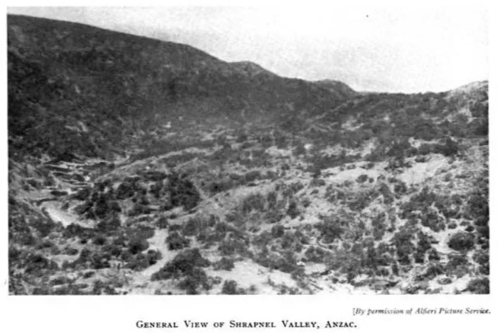 Shrapnel Valley, einer der tödlichsten Schauplätze der Gallipoli-Kampagne, wo viele Royal Marines ihr Leben verloren.