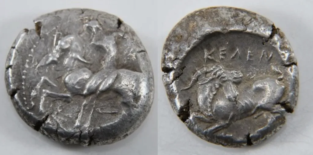 Two-sided photograph of a genuine ancient silver stater from Kelenderis in Cilicia. The coin is worn and chipped along the edges. The obverse shows a naked horseman riding right. The reverse shows a goat kneeling right, with the inscription KELEN above.