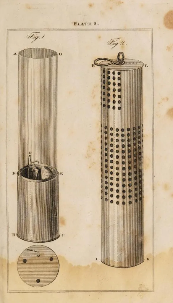 Technische Zeichnung von Stephensons Geordie Sicherheitslampe mit Luftzufuhröffnungen, Dochtröhre, Schneidedraht und perforierter Schutzabdeckung.