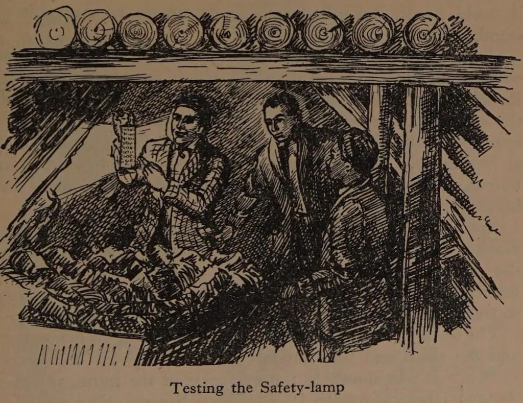 Illustration von George Stephenson, wie er seine Geordie Sicherheitslampe bei einem untertägigen Sicherheitstest Bergleuten vorführt.