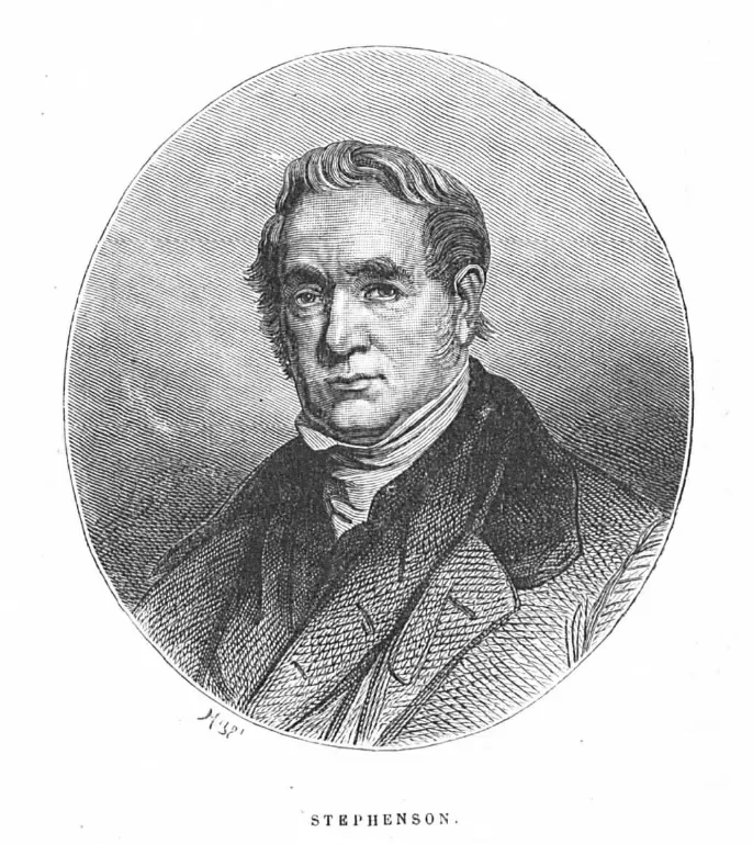 Detaillierter Stich von George Stephenson, bekannt für die Erfindung der Stephensons Sicherheitslampe und für seine Pionierarbeit in der frühen Eisenbahntechnik.