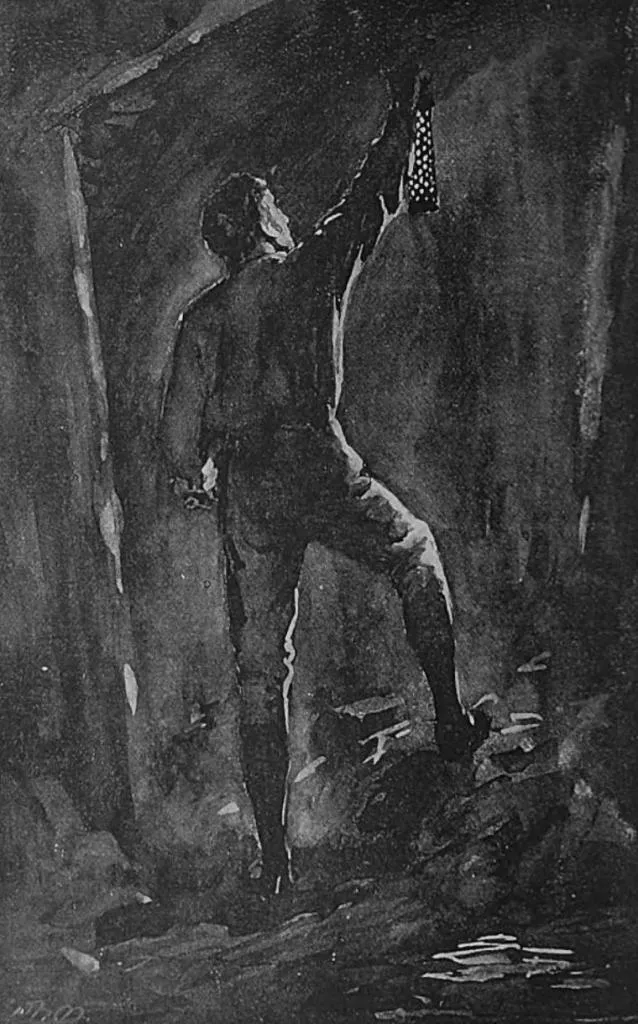 Illustration von George Stephenson, wie er seine Geordie Sicherheitslampe unter Tage testet, um Schlagwetterexplosionen zu verhindern.